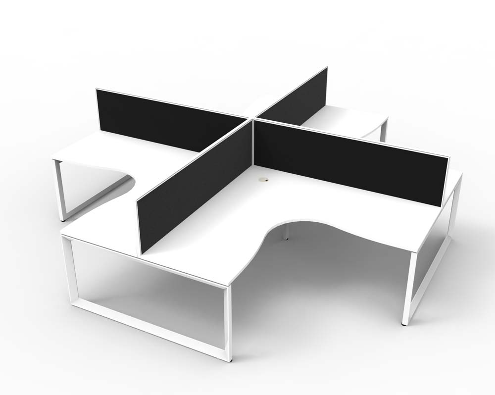 RAPID INFINITY DELUXE 4 PERSON LOOP LEG CORNER WORKSTATION POD 1800 X 1800MM BLACK SCREEN / NATURAL WHITE TOP / WHITE FRAME