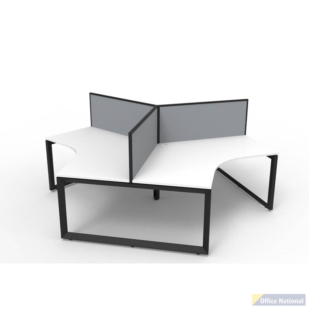 RAPIDLINE DELUXE INFINITY 120 DEGREE WORKSTATION LOOP LEG 3 PERSON WITH SCREEN 2866W X 730MM NATURAL WHITE TOP AND BLACK P/C FRAME