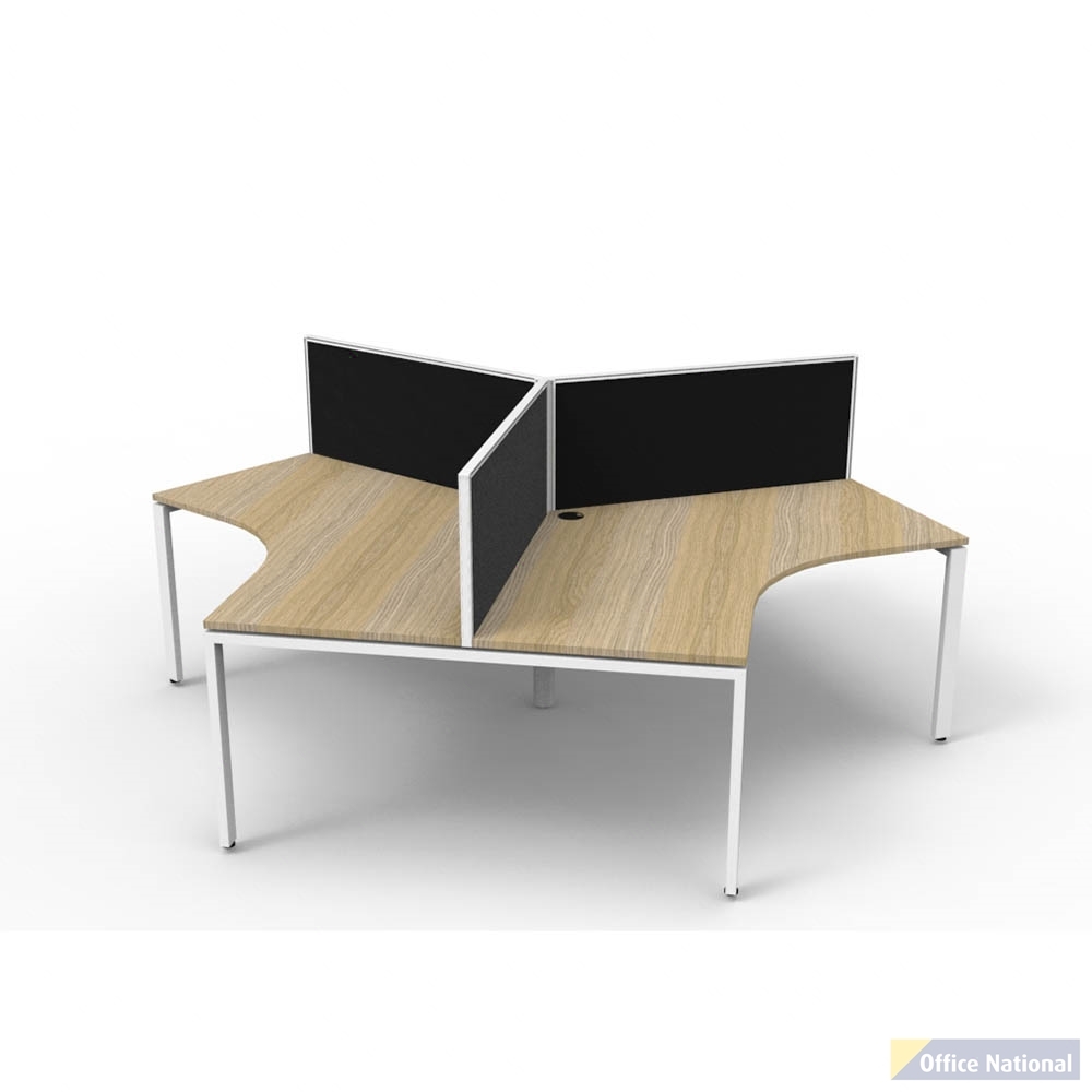 RAPIDLINE DELUXE INFINITY 120 DEGREE WORKSTATION PROFILE LEG 3 PERSON WITH SCREEN 2866W X 730MM NATURAL OAK TOP AND WHITE P/C FRAME