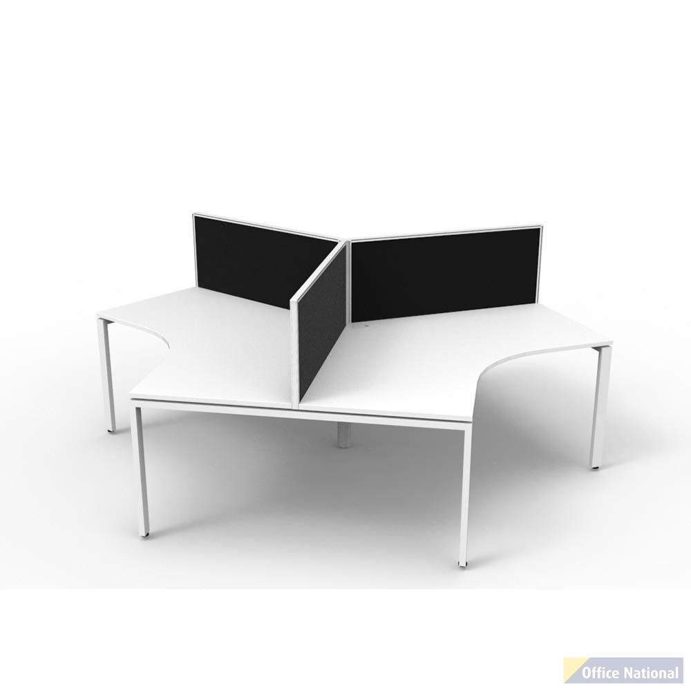 RAPIDLINE DELUXE INFINITY 120 DEGREE WORKSTATION PROFILE LEG 3 PERSON WITH SCREEN 2866W X 730MM NATURAL WHITE TOP AND WHITE P/C FRAME