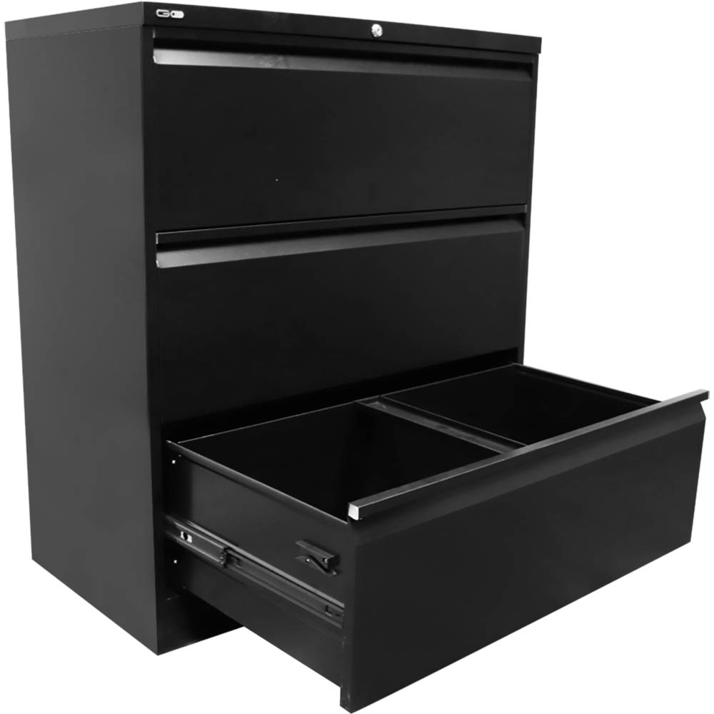 GO LATERAL FILING CABINET 3 DRAWER HEAVY DUTY 1016 X 900 X 473MM BLACK