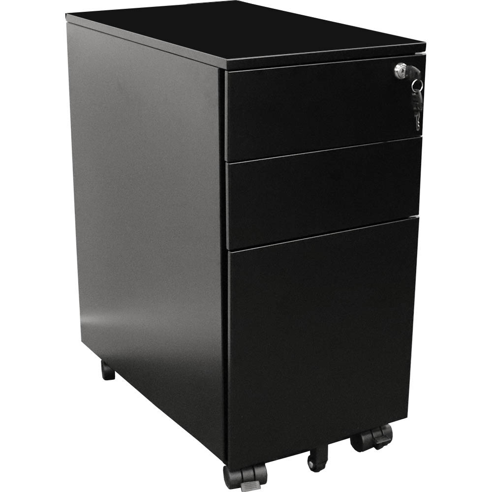 GO STEEL SLIMLINE MOBILE PEDESTAL 3-DRAWER LOCKABLE 300 X 472 X 610MM BLACK
