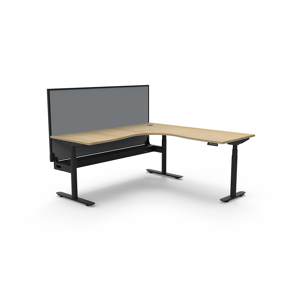 RAPIDLINE HALO PLUS CORNER WORKSTATION WITH SCREEN AND CABLE TRAY 1500 X 1500MM NATURAL OAK TOP / BLACK FRAME / GREY SCREEN
