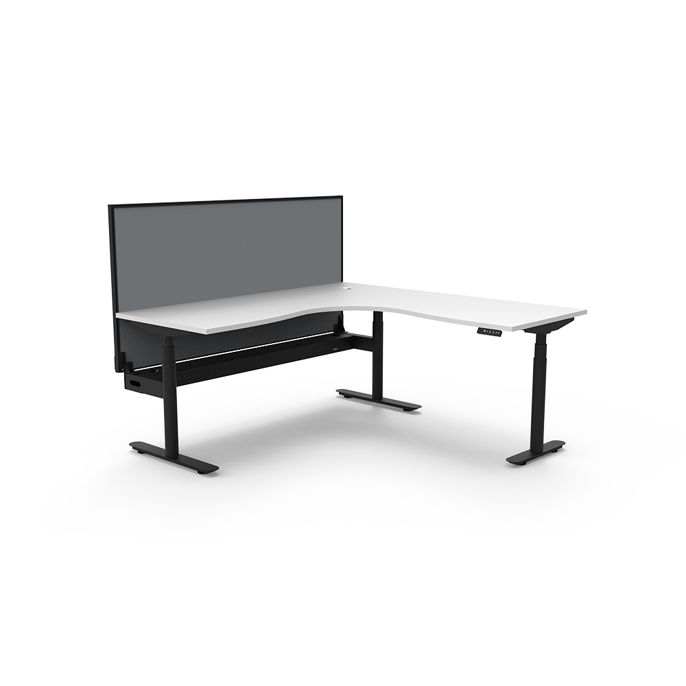 RAPIDLINE HALO PLUS CORNER WORKSTATION WITH SCREEN AND CABLE TRAY 1500 X 1500MM NATURAL WHITE TOP / BLACK FRAME / GREY SCREEN
