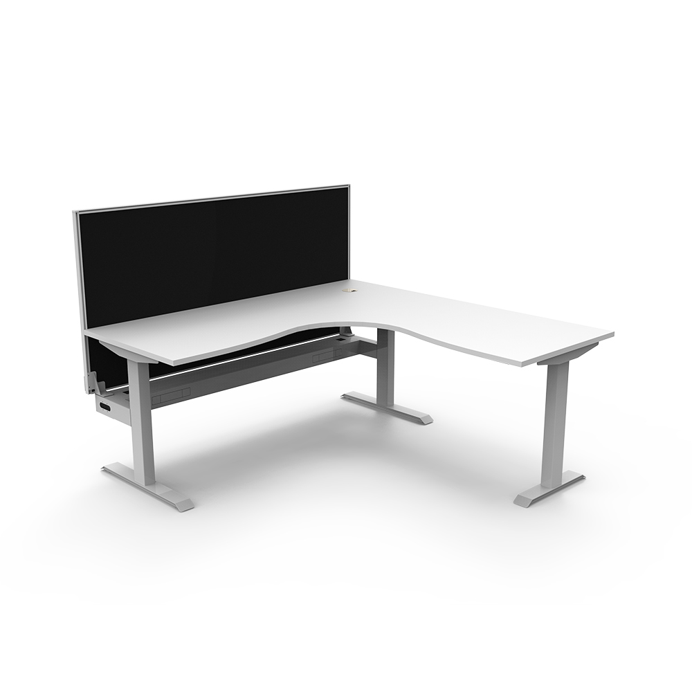 RAPIDLINE BOOST STATIC CORNER WORKSTATION WITH SCREEN AND CABLE TRAY 1500 X 1500MM NATURAL WHITE TOP / WHITE FRAME / BLACK SCREEN