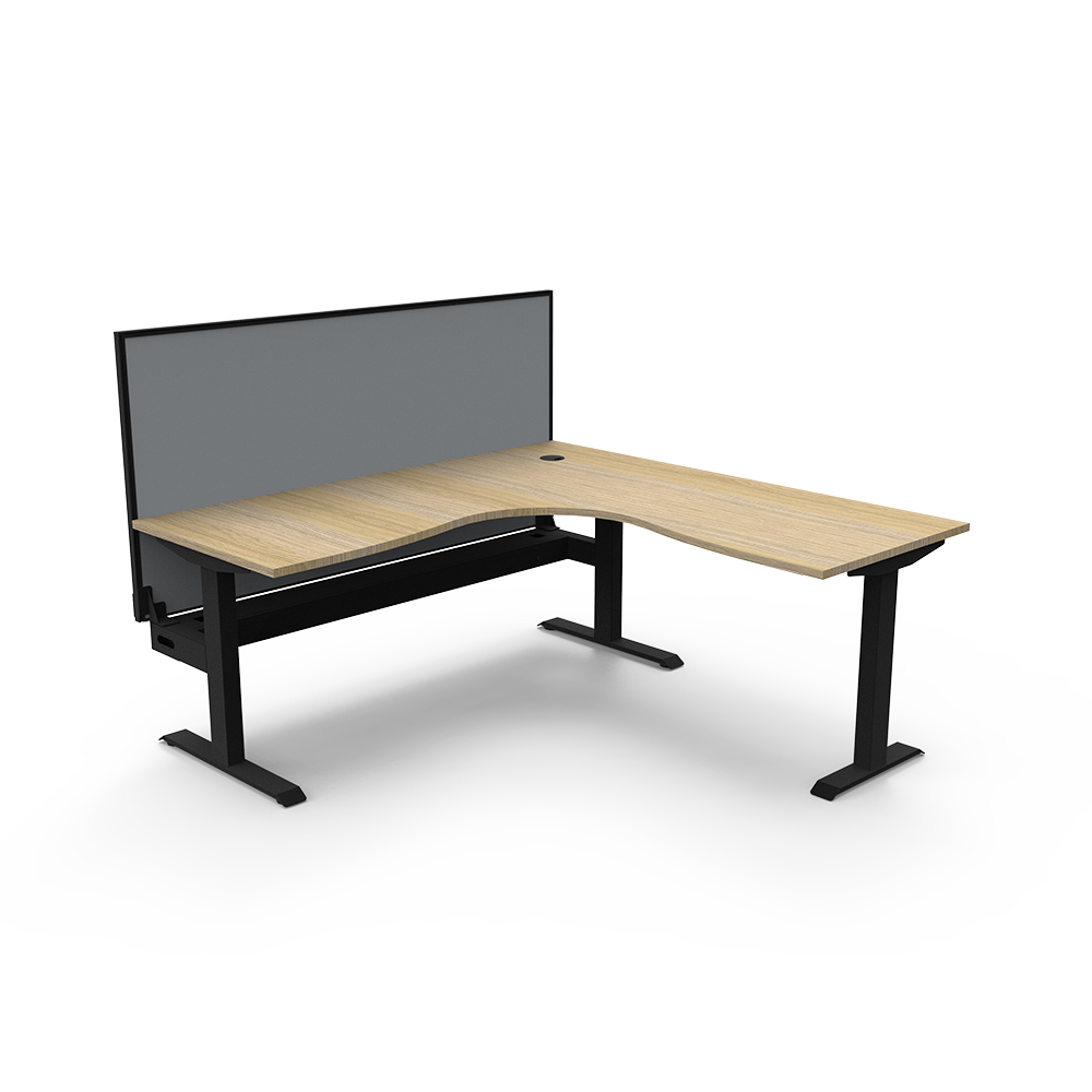 RAPIDLINE BOOST STATIC CORNER WORKSTATION WITH SCREEN AND CABLE TRAY 1800 X 1500MM NATURAL OAK TOP / BLACK FRAME / GREY SCREEN