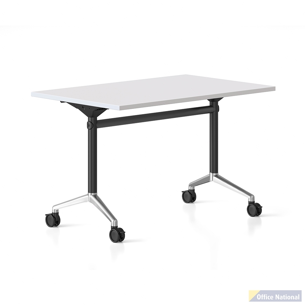 RAPIDLINE TYPHOON FLIP TOP TABLE 1200 X 600MM NATURAL WHITE TOP AND BLACK P/C POLISHED ALUMINIUM FRAME