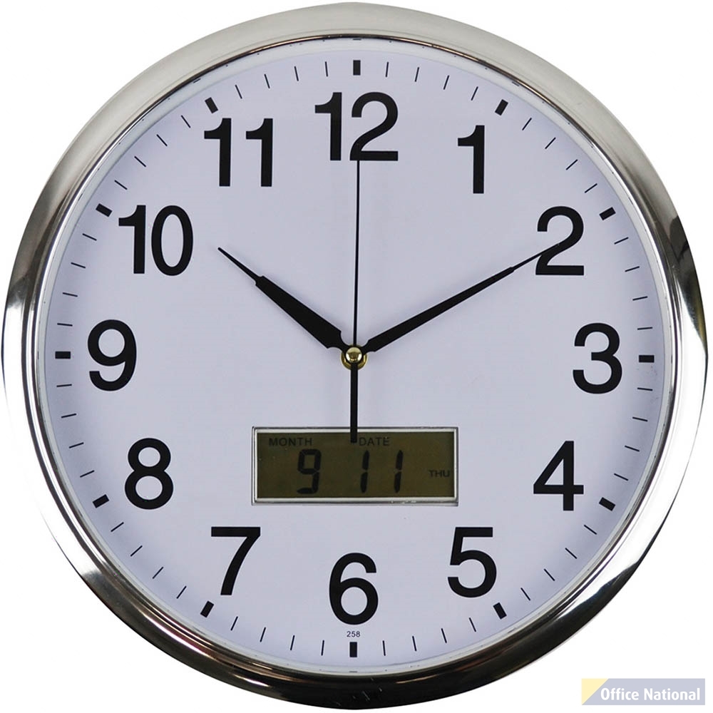 ITALPLAST WALL CLOCK WITH LCD DISPLAY 360MM WHITE / CHROME