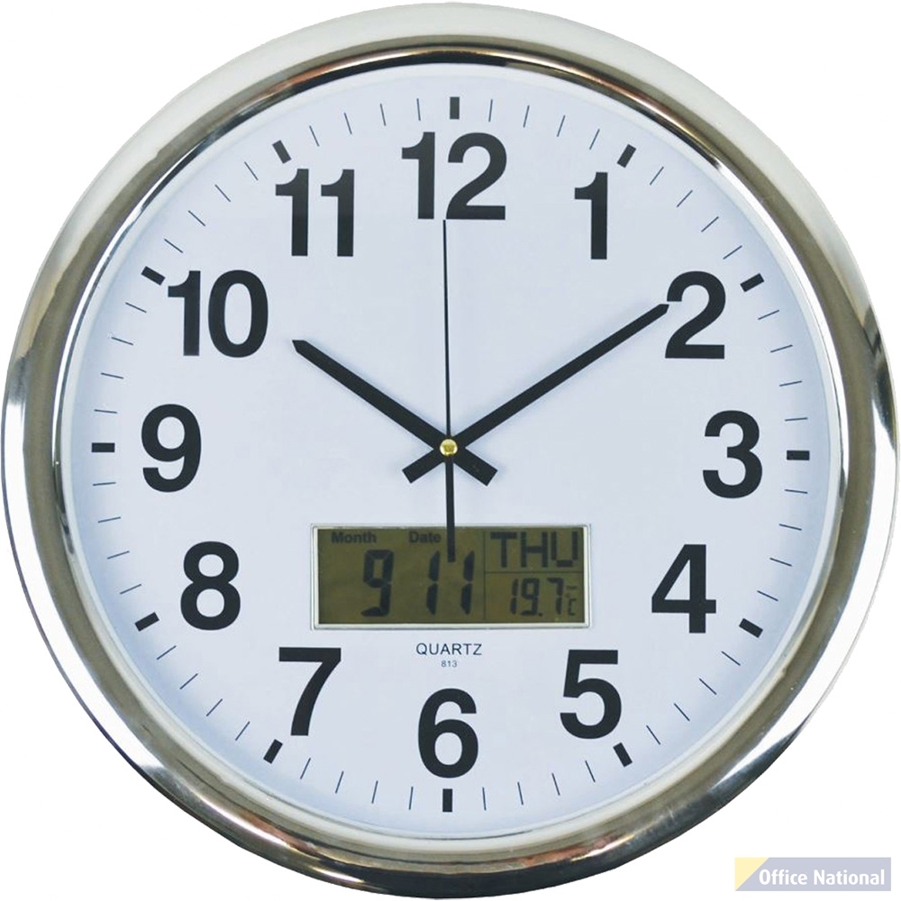 ITALPLAST WALL CLOCK WITH LCD DISPLAY 430MM WHITE / CHROME