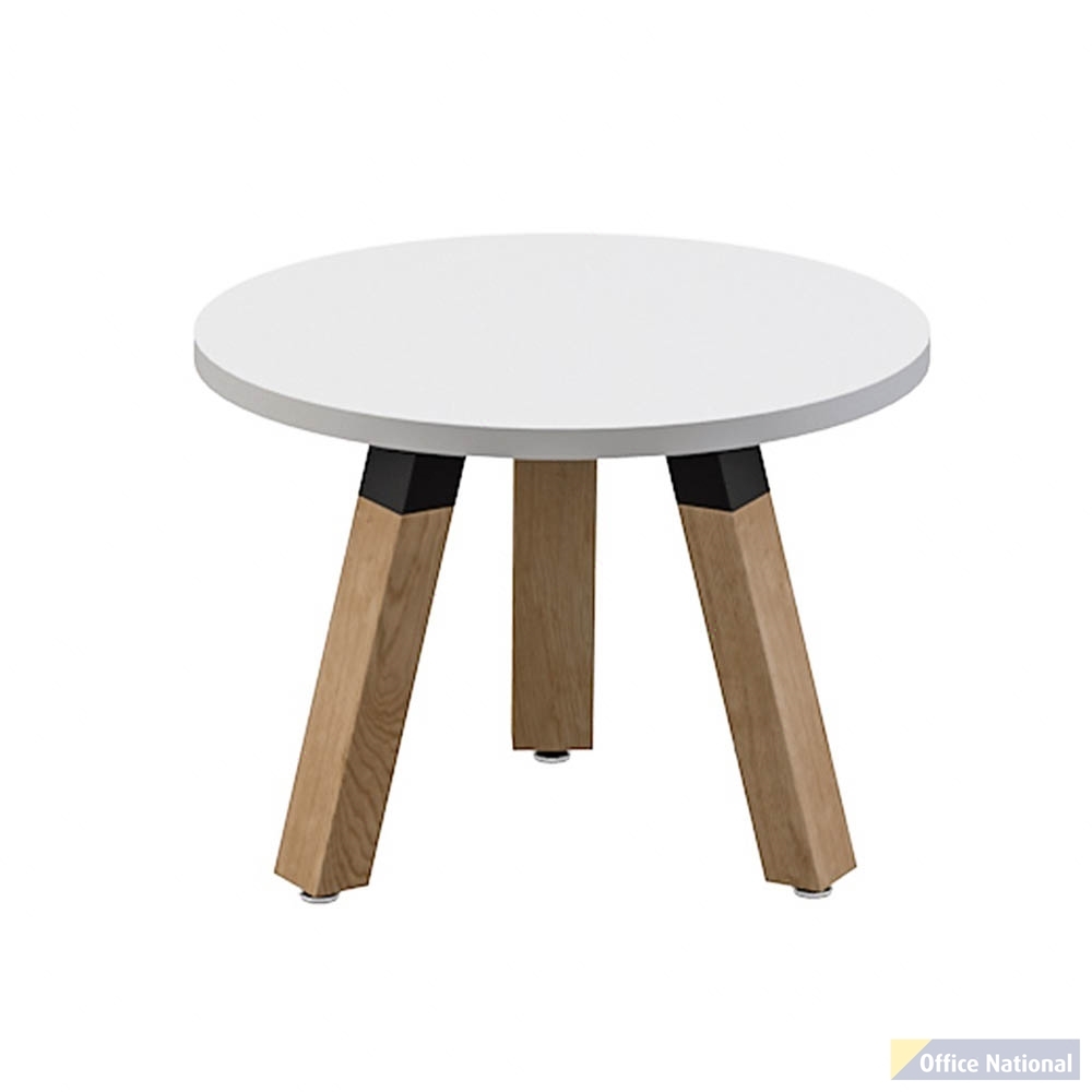 OLG PLANTATION ROUND COFFEE TABLE 3 LEG BLACK HOUSING 600MM WHITE TOP/OAK LEGS