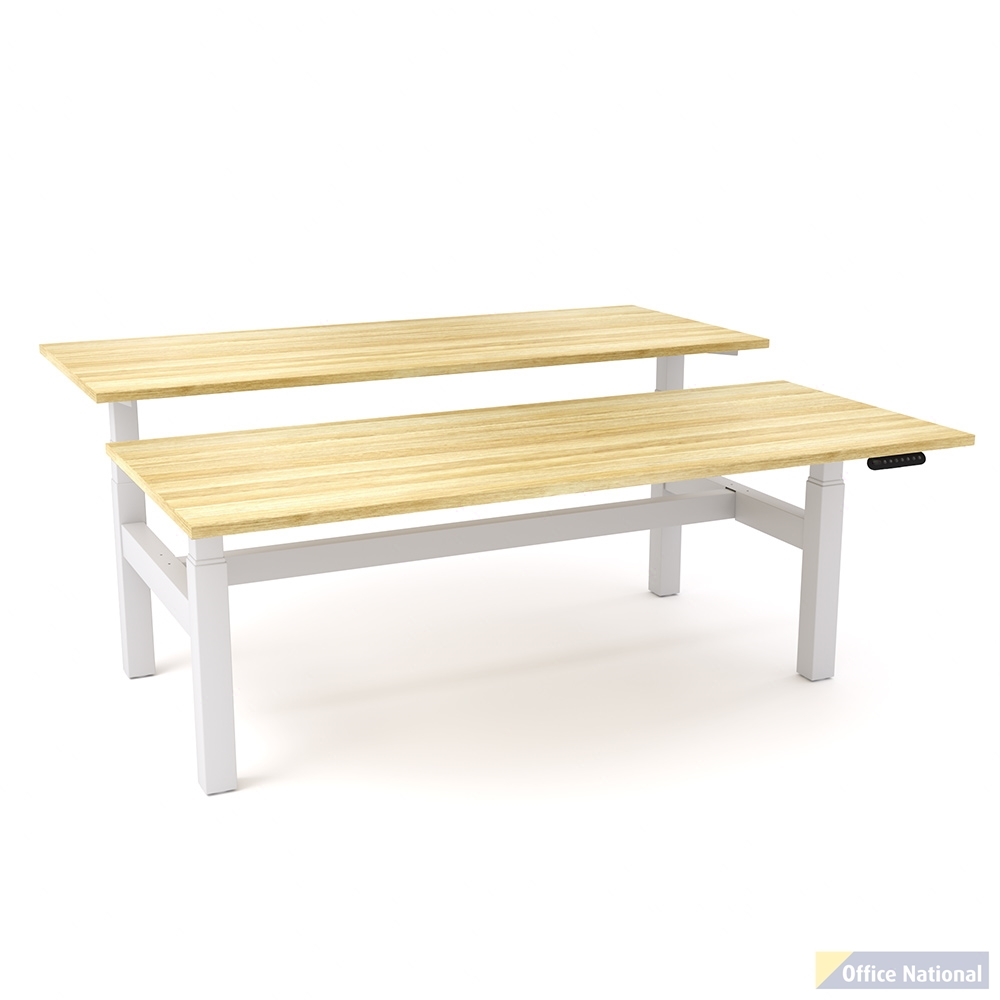 OLG AGILEMOTION DOUBLE SIDED DESK DUAL MOTOR ELECTRIC HEIGHT ADJUSTABLE 1500MM X 750MM WHITE FRAME / NEW OAK TOP