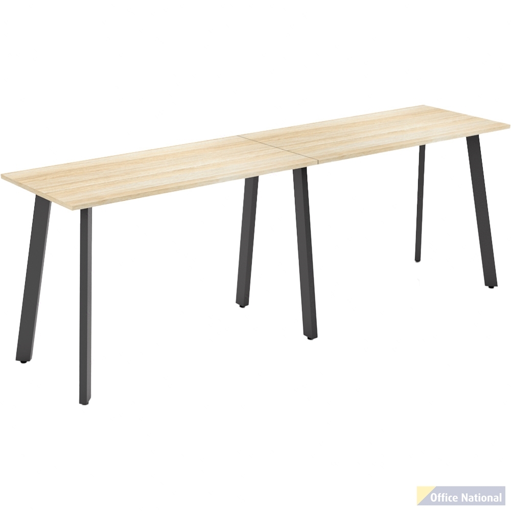OLG FLARE BAR LEANER 6 LEG BLACK FRAME 3000MM X 750MM NEW OAK RAVINE 2-PIECE TOP