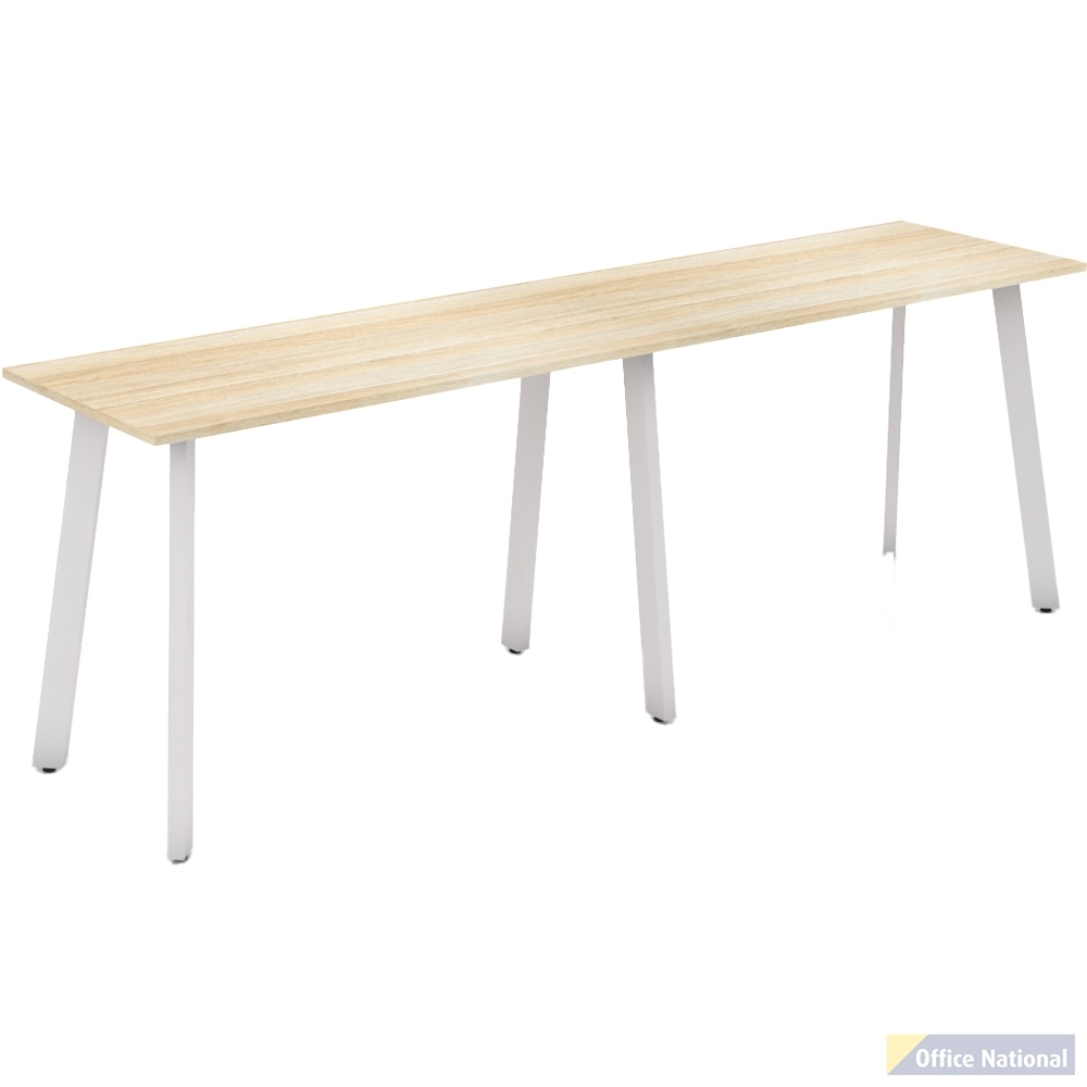 OLG FLARE BAR LEANER 6 LEG WHITE FRAME 3000MM X 750MM NEW OAK RAVINE 2-PIECE TOP