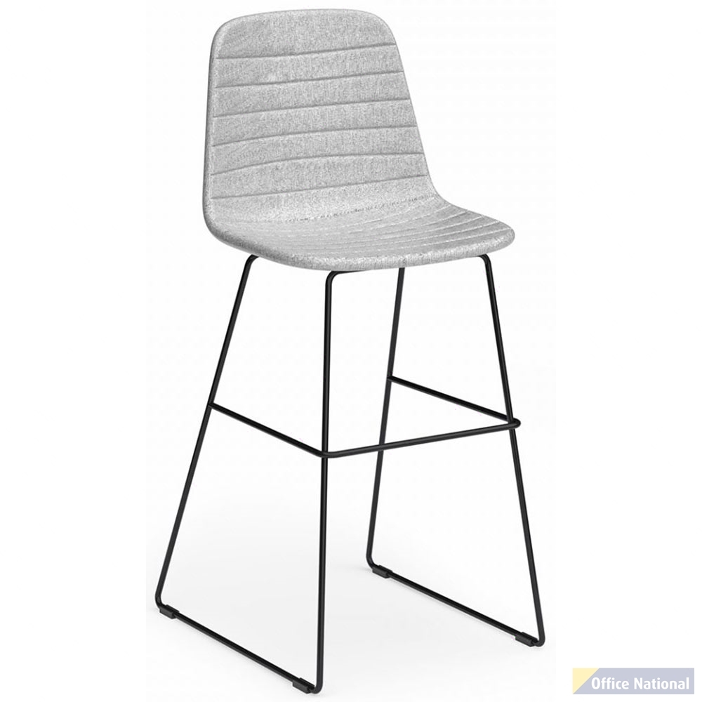 SOFIA BARSTOOL WITH BLACK SLED POWDERCOATED BASE GREY MIST FABRIC UPHOLSTERY