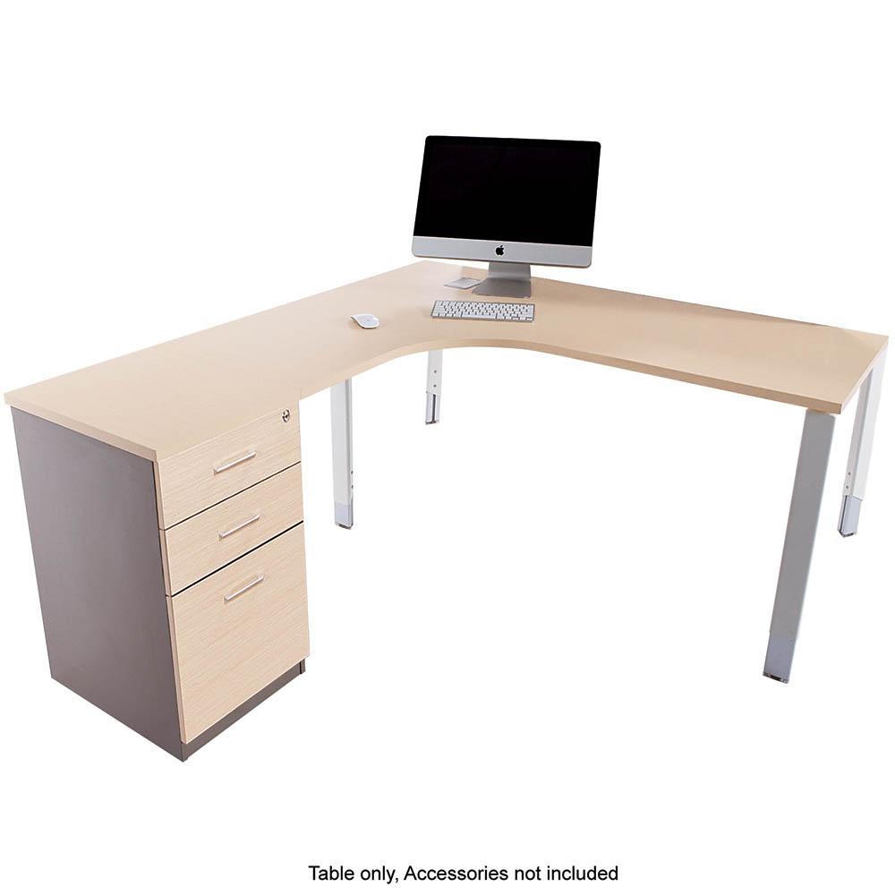 OBLIQUE HEIGHT ADJUSTABLE CORNER WORKSTATION LHS FIXED PEDESTAL 1500/1500 X 600/500 X 720MM SNOW MAPLE