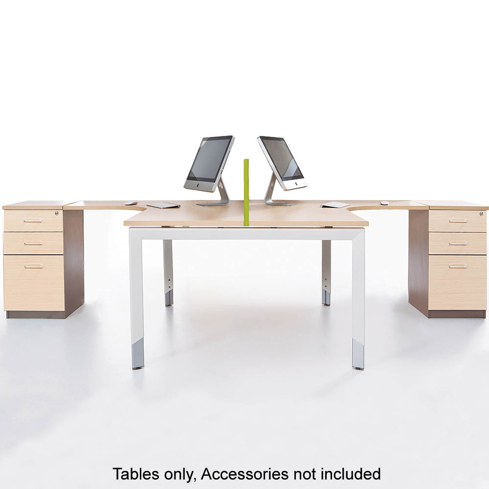 OBLIQUE HEIGHT ADJUSTABLE 2 PERSON CORNER WORKSTATION FIXED PEDESTAL 3000/1500 X 600/500 X 720MM SNOW MAPLE