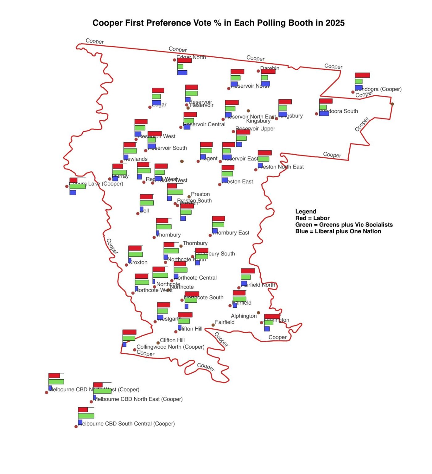 2025 Election Result Map showing first preference percentages in each booth.