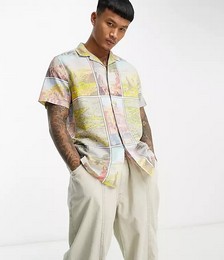 Relaxed revere linen mix shirt in postcard print