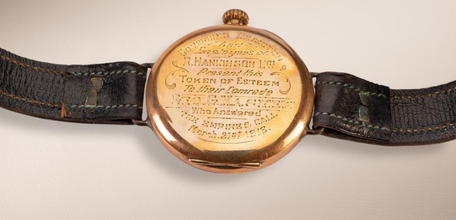 Engraved wristwatch belonging to Sgt George Haskew, presented to him by his employer and fellow workers in Narrandera upon his enlistment in 1916. Engraved wristwatch belonging to Sgt George Haskew, presented to him by his employer and fellow workers in Narrandera upon his enlistment in 1916.