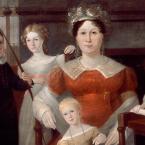 Oil painting of a woman in a red colonial gown, surrounded by four children.