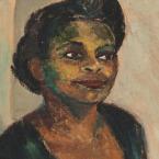 Expressive colourful oil portrait of a black woman in a green dress looking confidently forward.