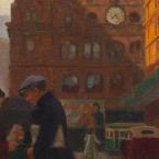 Oil painting looking down a city street toward a sandstone building with clock. A woman buys a newspaper from a vendor in the foreground.
