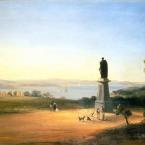 A colonial painting of a large bronze statue of a man looking out to a harbour.