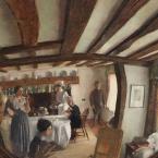 A circular painting of a cottage interior as though seen in a convex mirror.