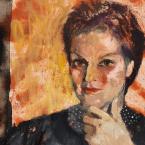 A colourful expressive oil painting portrait of a young woman with short hair.