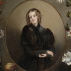 Oil portrait of a young woman with ringlets and a boarder of flowers.