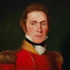 Oil portrait of a man wearing a bright red colonial military uniform.