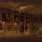 Oil painting of a scene of people looking at various exotic animals in cages. A man in the centre of the frame pokes a caged tiger with a stick.