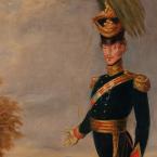 Full length portrait of tall thin man wearing colonial dress uniform with large green plumed hat.