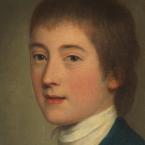 Oil paining of a young man wearing a colonial style white neck scarf and blue jacket.