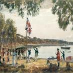 Oil painting of the Union Jack flag being raised on the shore of a bay. Men in colonial military uniform watch on.