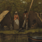A painting depicting a family among dense bushland, standing by a river with a tied, floating canoe.