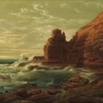 A painting depicting waves crashing rocky seaside cliffs under a darkened yellowish sky.