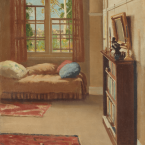 A painting depicting one side of a tidy room, with an open window, cushions on a bed, knick-knacks on a bookshelf.