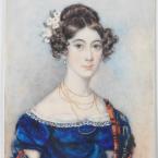 Miniature portrait of a young woman wearing a dark blue dress