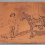 Etching of a person holding a pack donkey