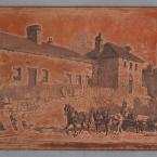 Copper plate with etched scene of a horse drawn cart passing houses