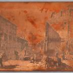 Copper plate with etching of a house being demolished