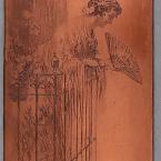 Copper plate with etching of a person holding a fan on a balcony