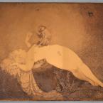 A sheet of copper with engraving of a woman with a monkey