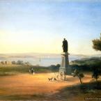 A painting of a bronze statue on a plinth overlooking a picturesque harbour - dogs and people mill nearby.