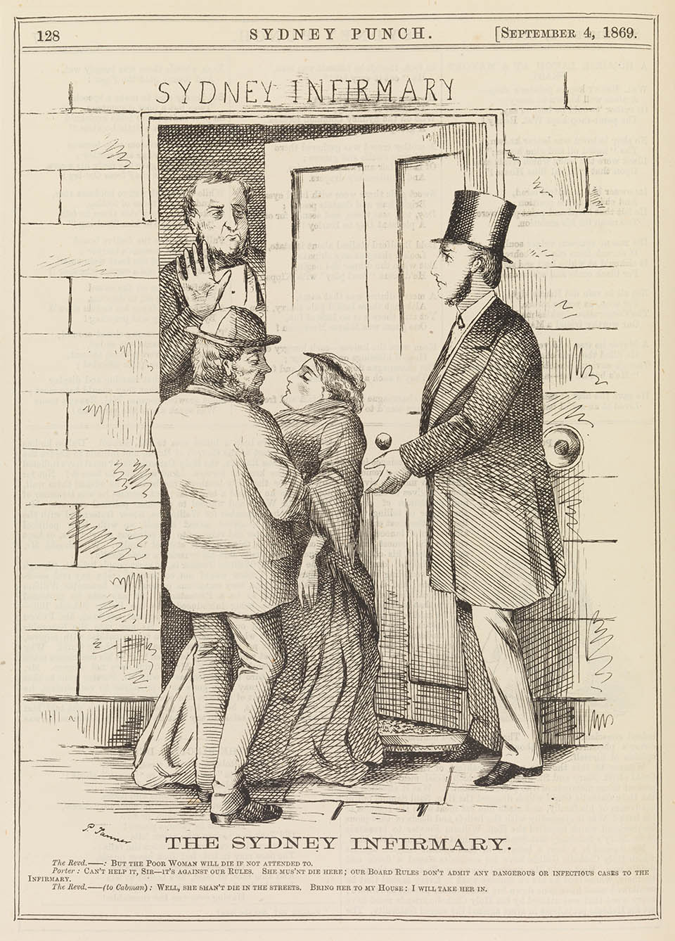 The Sydney Infirmary "But the poor woman will die if she is not attended to" 1869 , Sydney Punch 4 September 1869