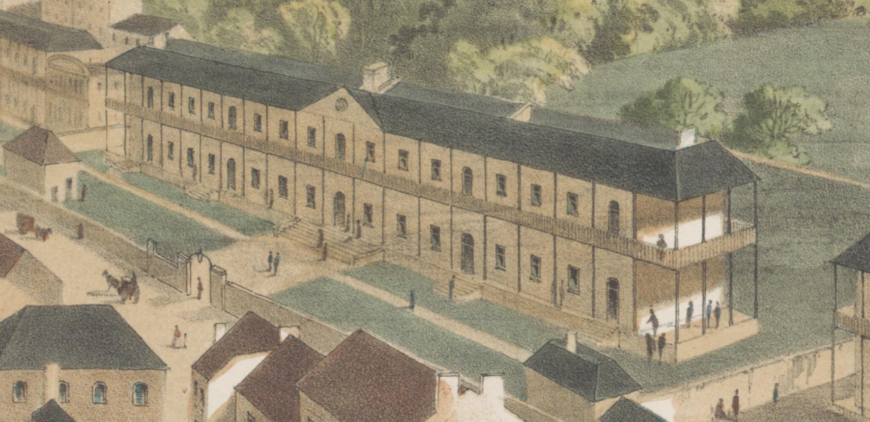 Detail showing the Sydney Infirmary from 'Bird's eye view of Sydney Harbour' by FC Terry, c 1856 courtesy National Library of Australia ( PIC Drawer 2407 #S1997)