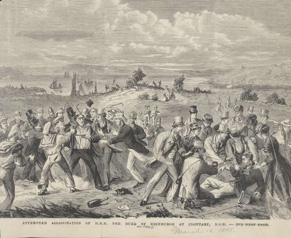 Attempted assassination of Prince Alfred at Clontarf, by Samuel Calvert , courtesy National Library of Australia (nla.pic-an9542884)