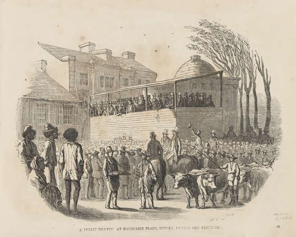 Public meeting at Macquarie Place during the election 1857, National Library of Australia (nla.pic-an8021127)