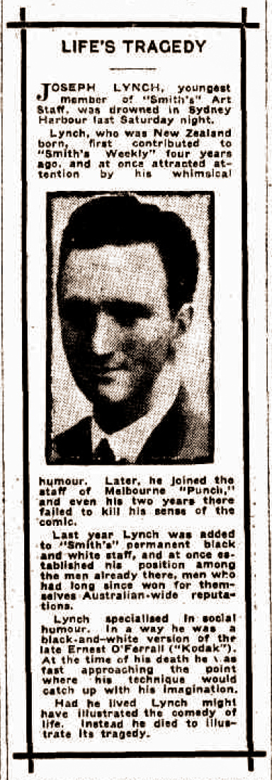 Life's Tragedy: announcement in Smith's Weekly of Joe Lynch's death, 21 May 1927, via Trove